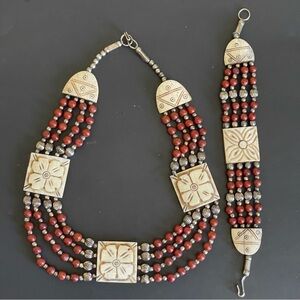 Handcrafted carved bone red jasper Necklace and Bracelet Set .